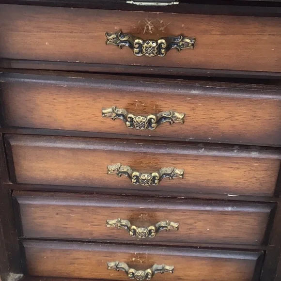 large Vintage Wooden Musical Jewelry Box, velvet lined drawers, made in Japan